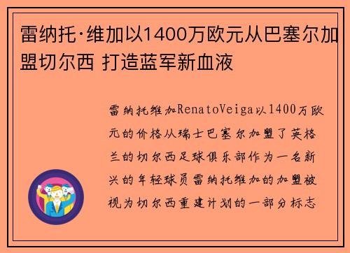 雷纳托·维加以1400万欧元从巴塞尔加盟切尔西 打造蓝军新血液