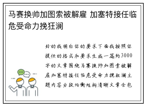 马赛换帅加图索被解雇 加塞特接任临危受命力挽狂澜